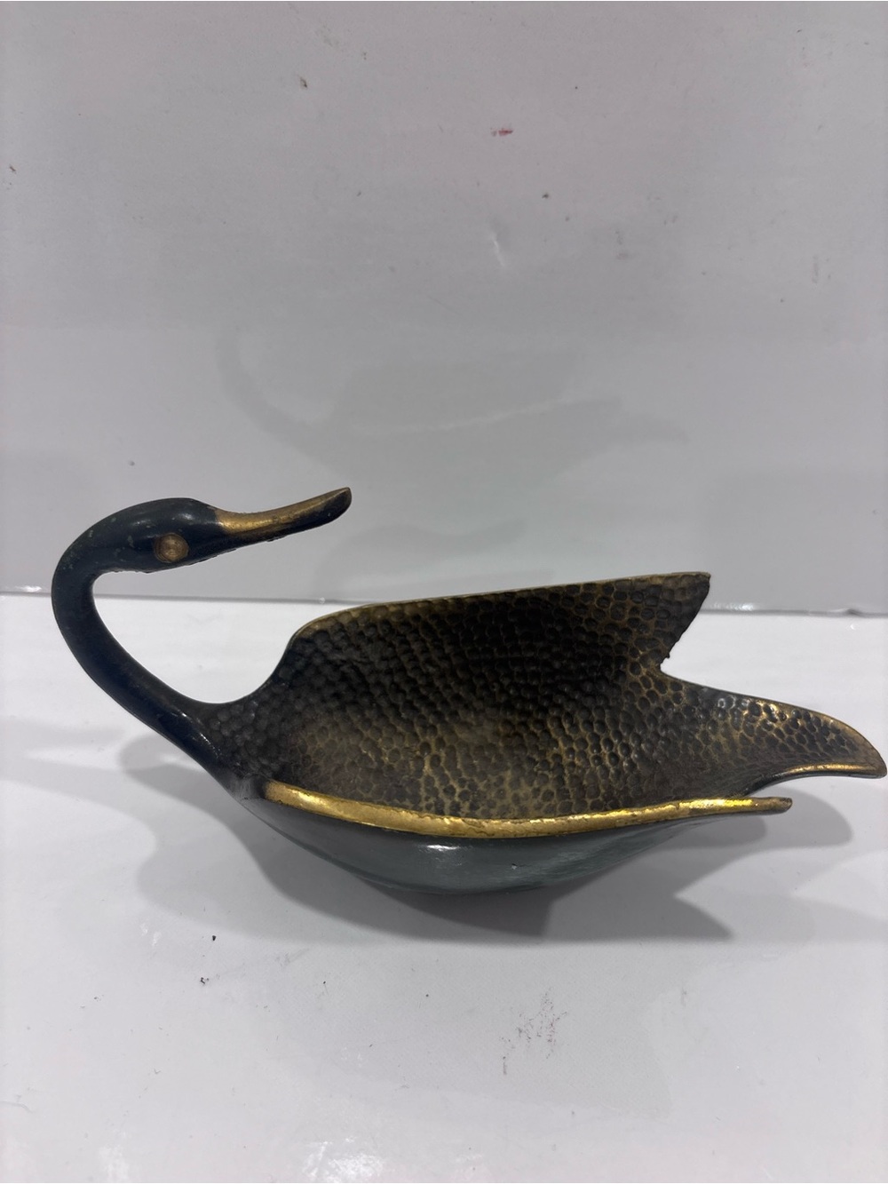 Vintage Brass Swan Goose Catchall Dish Hammered Metal MCM Hollywood Regency